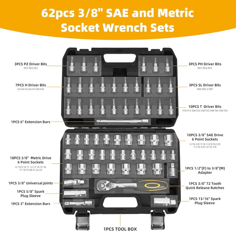 TILIBOTE Socket Wrench Set, 62PCS 3/8" Ratcheting Wrench Set With 72 Tooth Count Ratchet, SAE & Metric From 5/16" - 7/8 ", 6mm - 23mm,Tool Set For Home Use and Automotive Repair - Image 2